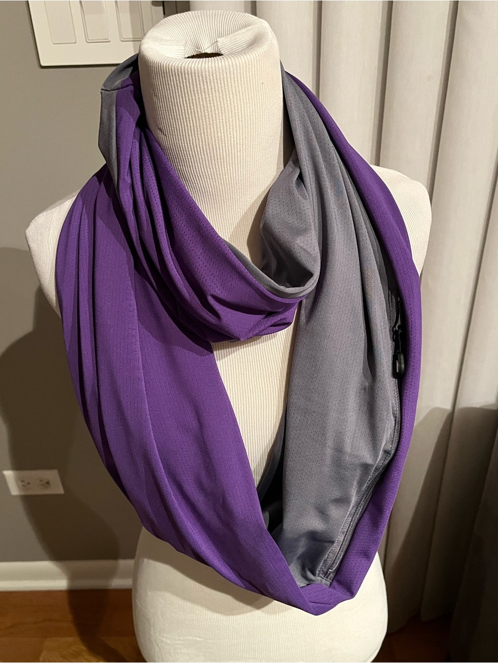 Nwt purple sholdit convertible infinity scarf with 10” long zippered pocket.